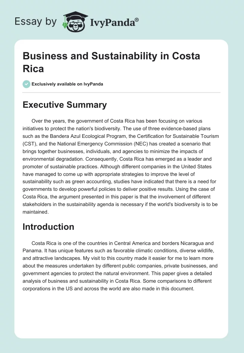 Business and Sustainability in Costa Rica. Page 1