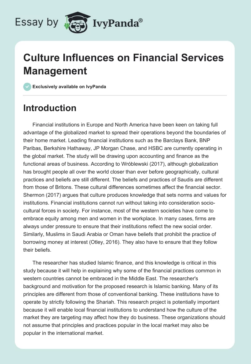 Culture Influences on Financial Services Management. Page 1