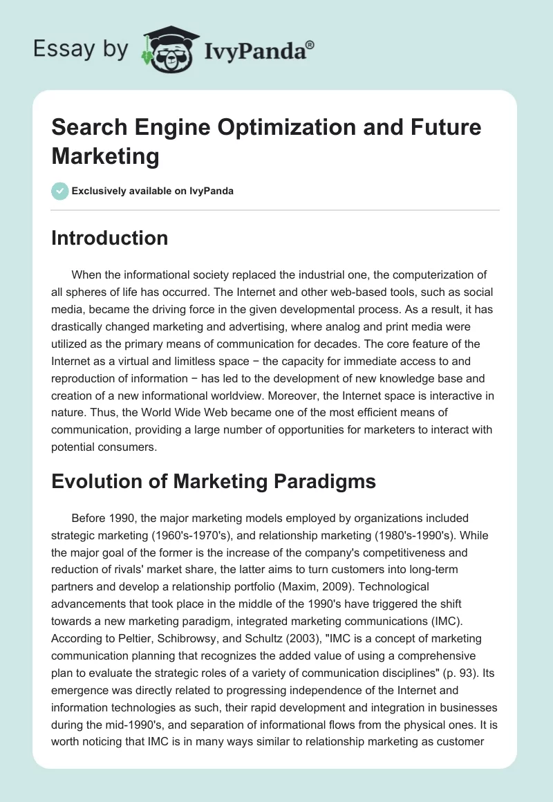 Search Engine Optimization and Future Marketing. Page 1