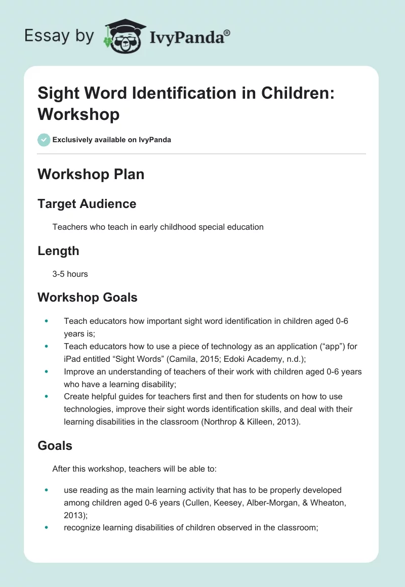 Sight Word Identification in Children: Workshop. Page 1
