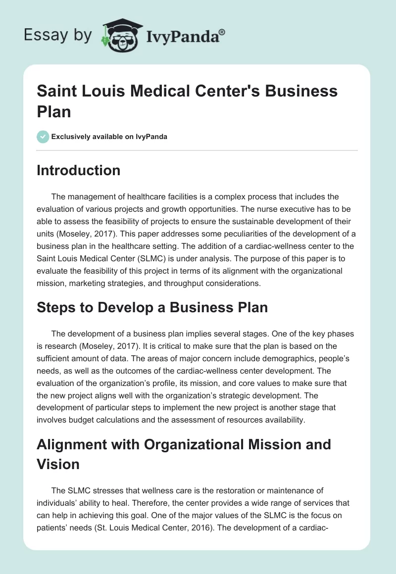 Saint Louis Medical Center's Business Plan. Page 1
