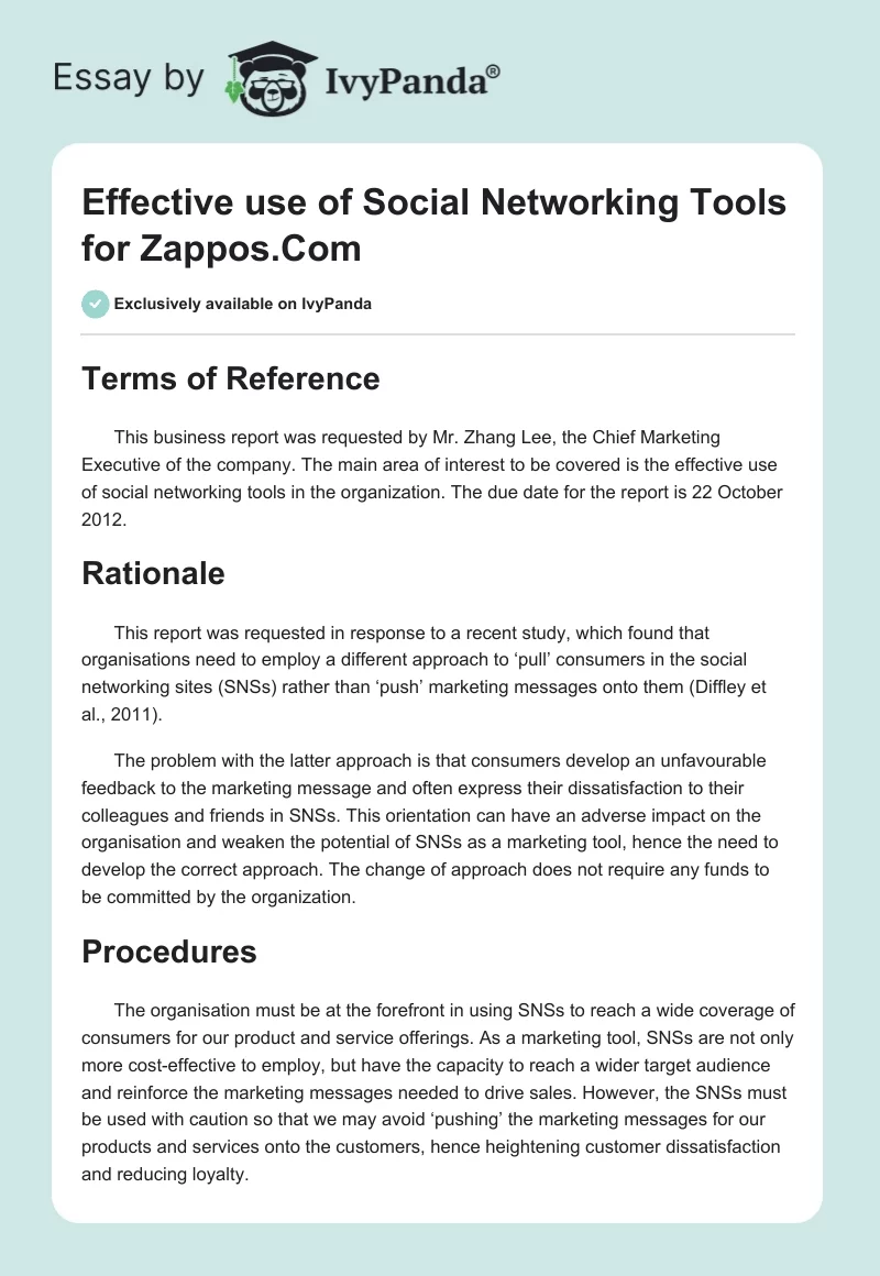 Effective use of Social Networking Tools for Zappos.Com. Page 1