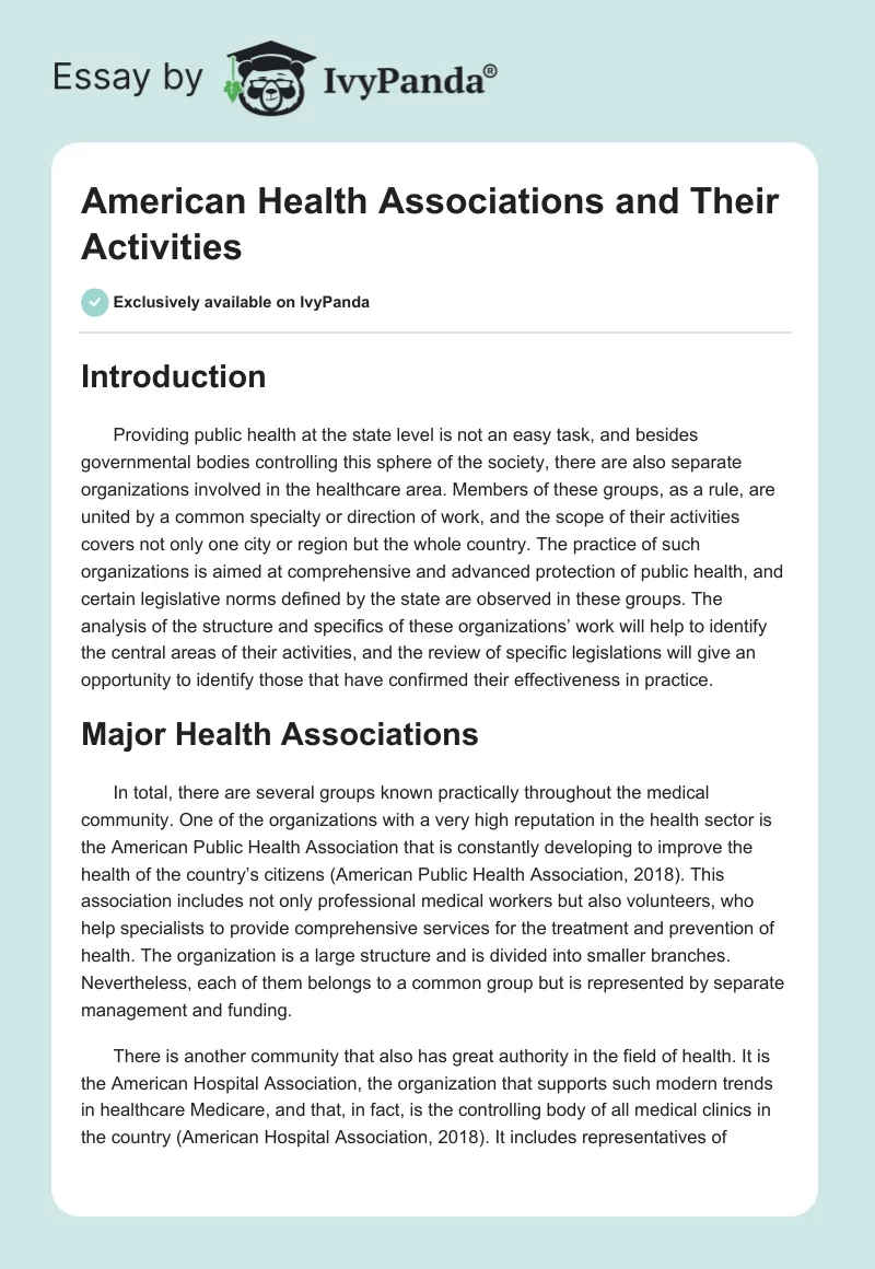 American Health Associations and Their Activities. Page 1