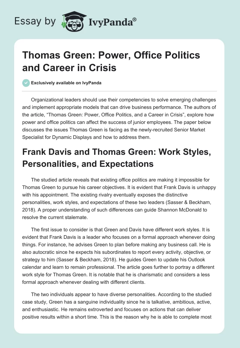 Thomas Green: Power, Office Politics and Career in Crisis. Page 1