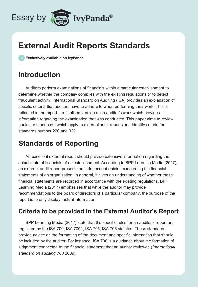 External Audit Reports Standards. Page 1