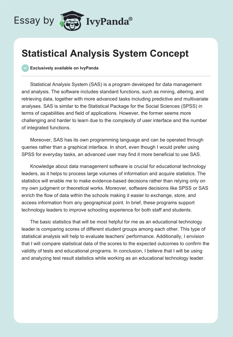 Statistical Analysis System Concept. Page 1