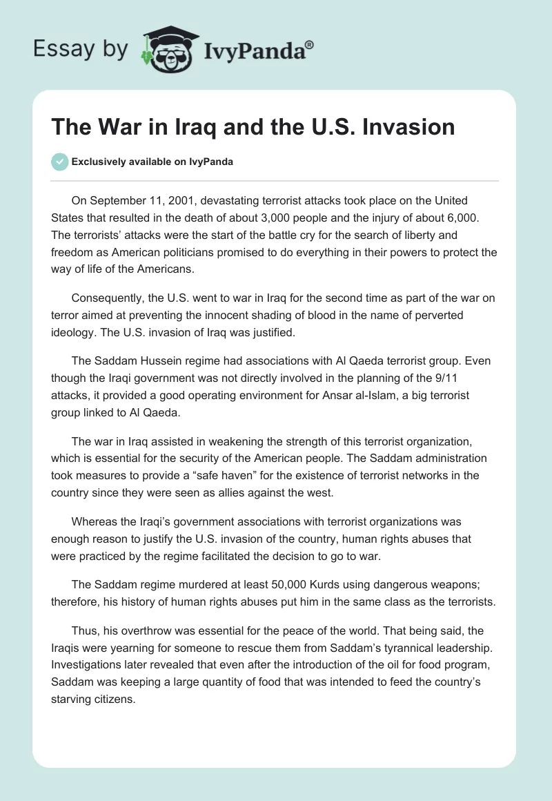 The War in Iraq and the U.S. Invasion. Page 1
