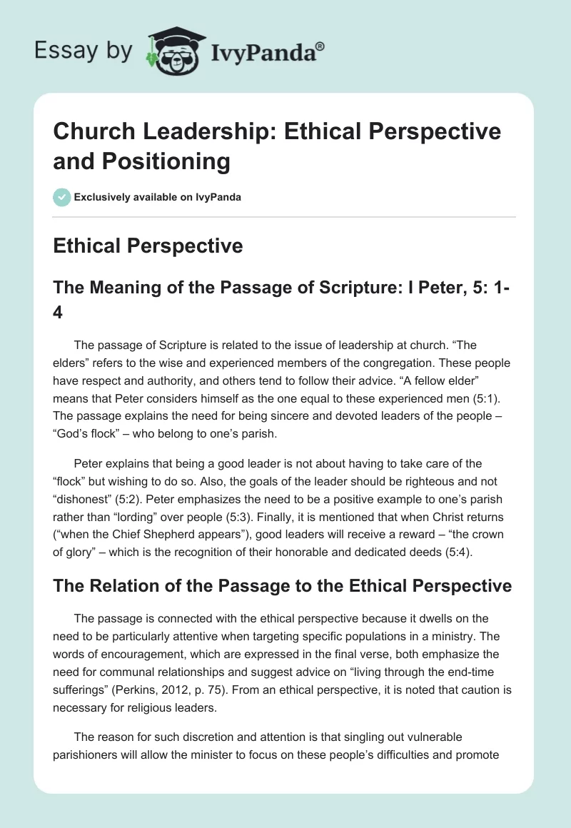 Church Leadership: Ethical Perspective and Positioning. Page 1