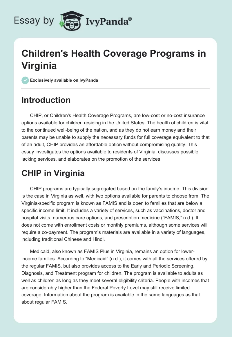 Children's Health Coverage Programs in Virginia. Page 1