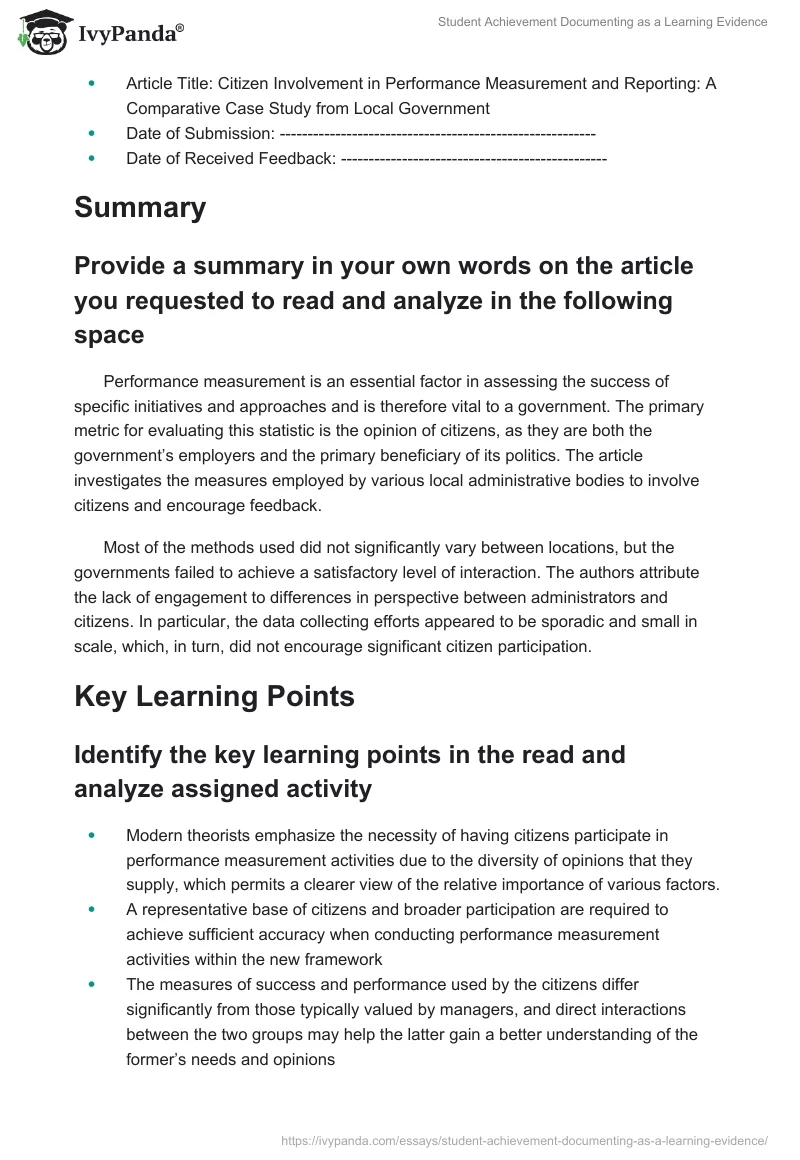Student Achievement Documenting as a Learning Evidence. Page 2