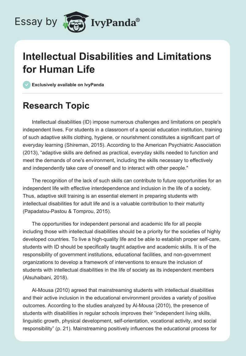 Intellectual Disabilities and Limitations for Human Life. Page 1