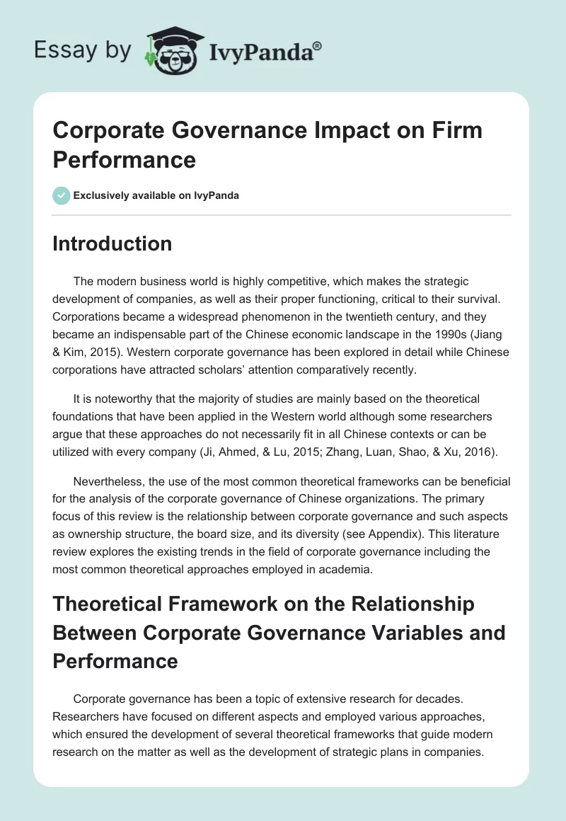Corporate Governance Impact on Firm Performance. Page 1