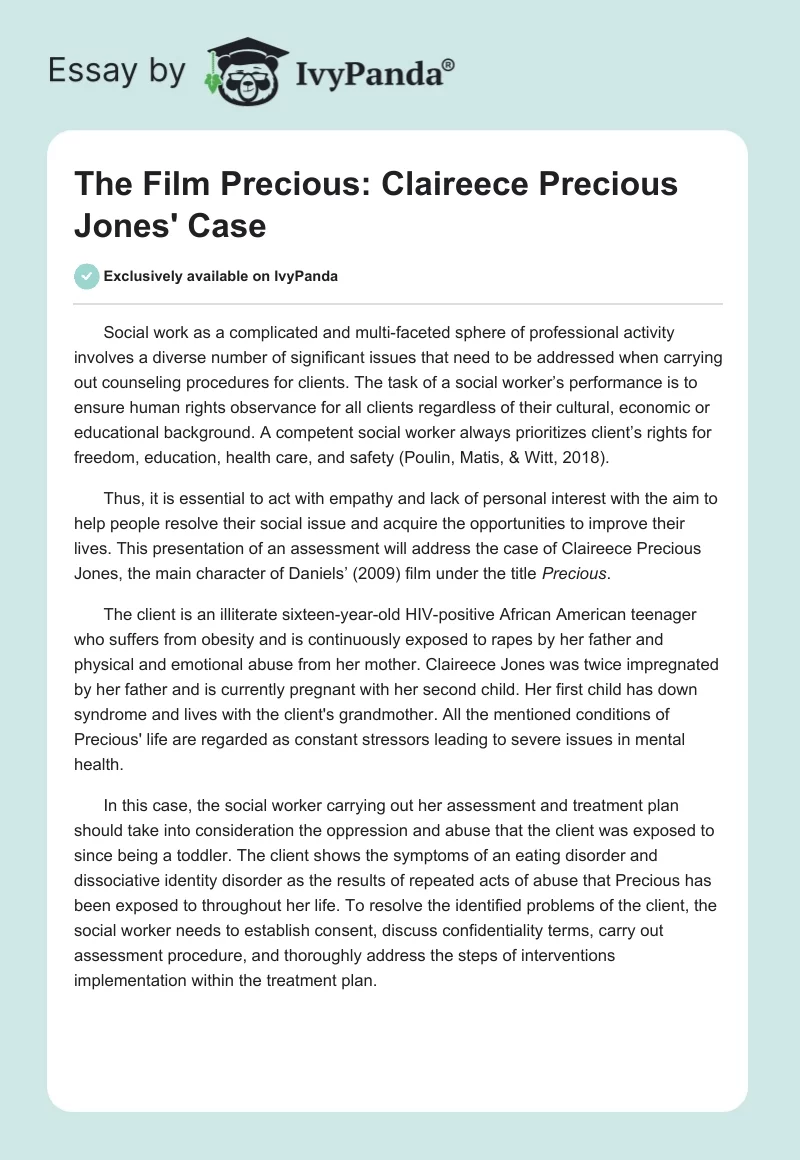 The Film "Precious": Claireece Precious Jones' Case. Page 1