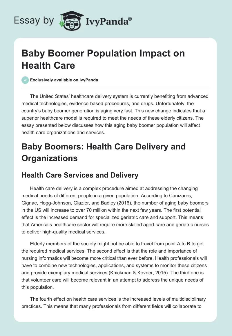 Baby Boomer Population Impact on Health Care. Page 1