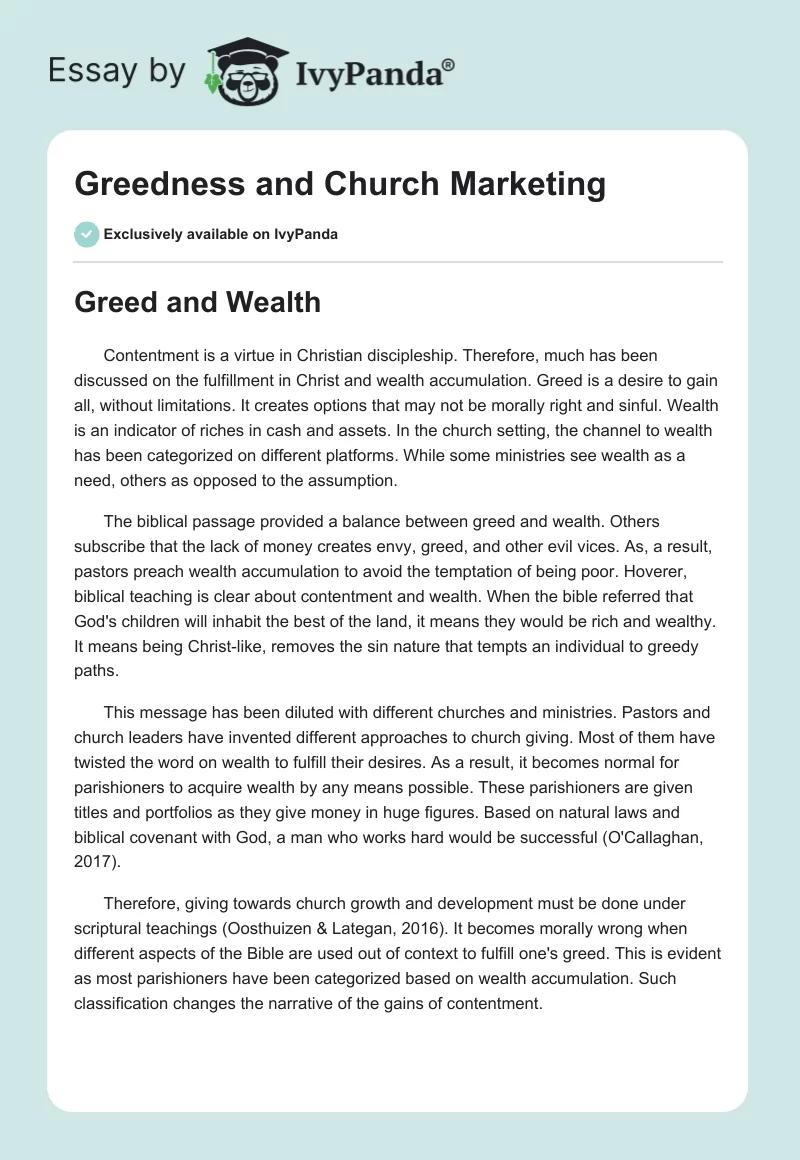 Greedness and Church Marketing. Page 1