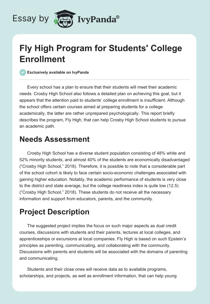 Fly High Program for Students' College Enrollment. Page 1