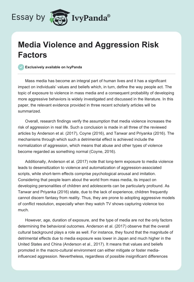 Media Violence and Aggression Risk Factors. Page 1
