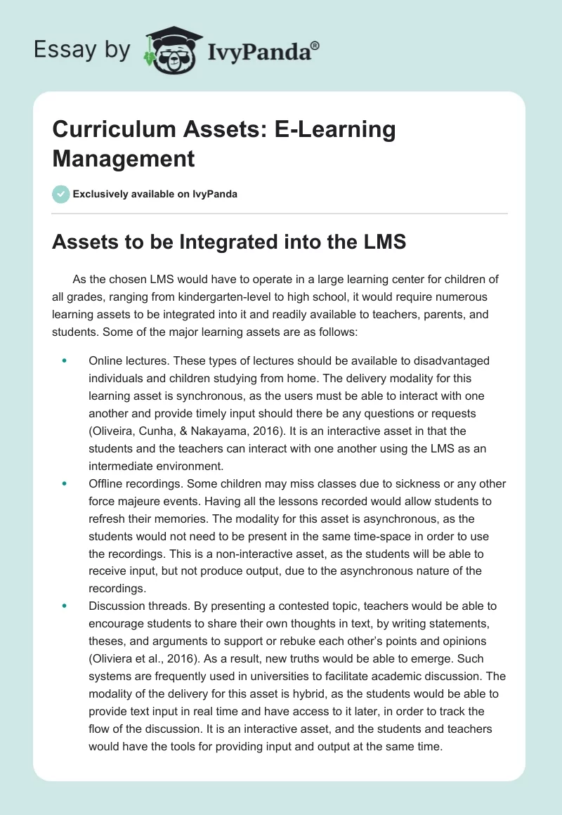 Curriculum Assets: E-Learning Management. Page 1