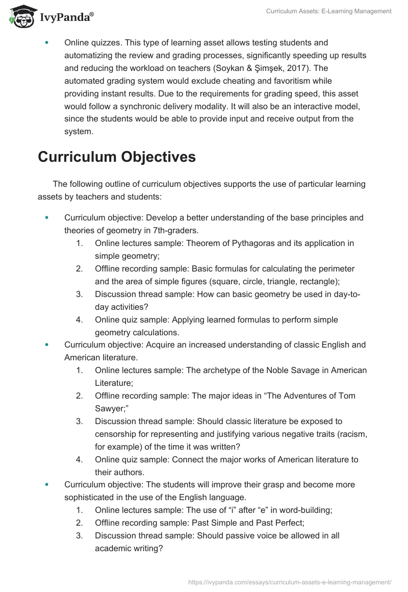 Curriculum Assets: E-Learning Management. Page 2