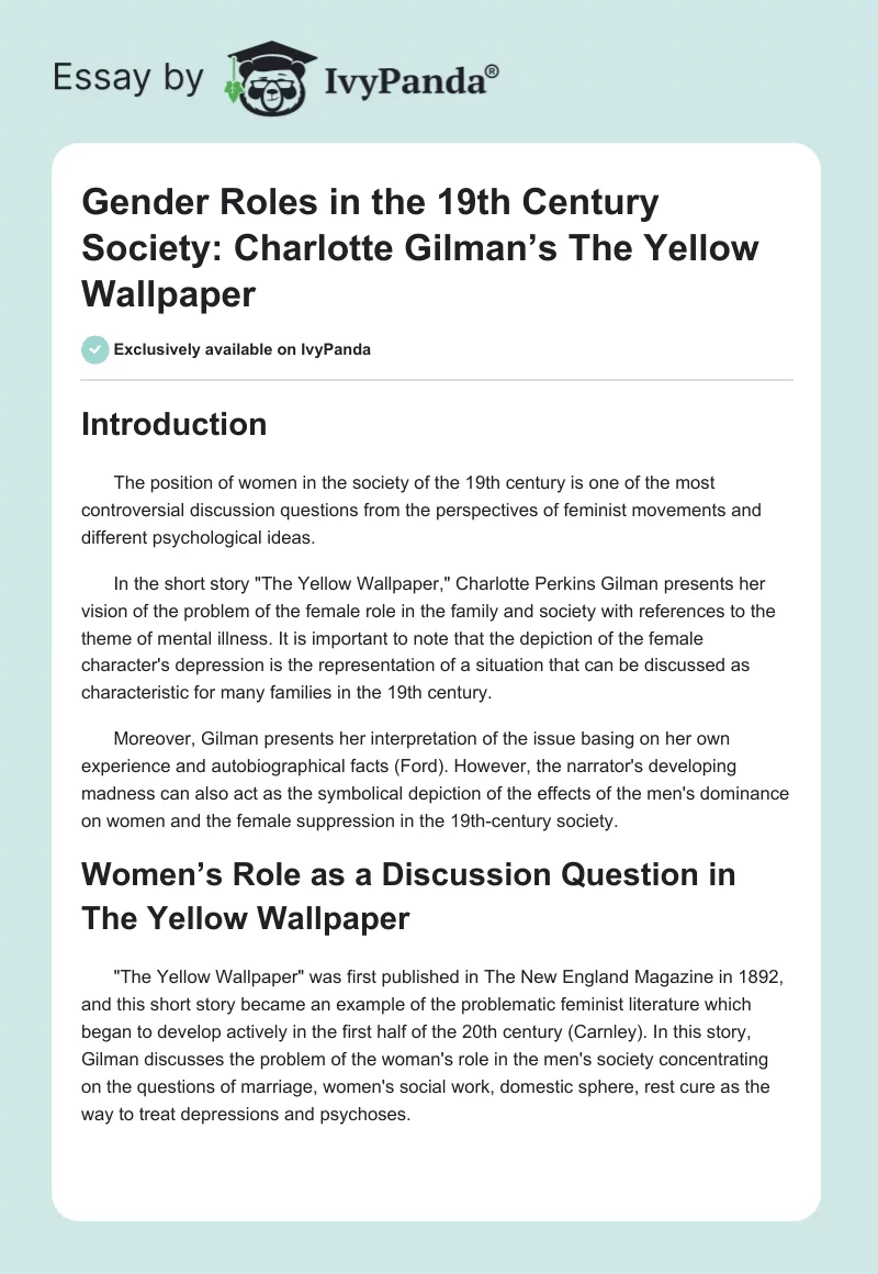 Gender Roles in the 19th Century Society: Charlotte Gilman’s The Yellow Wallpaper. Page 1