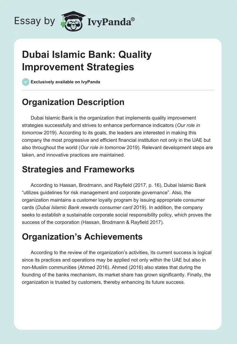 Dubai Islamic Bank: Quality Improvement Strategies. Page 1