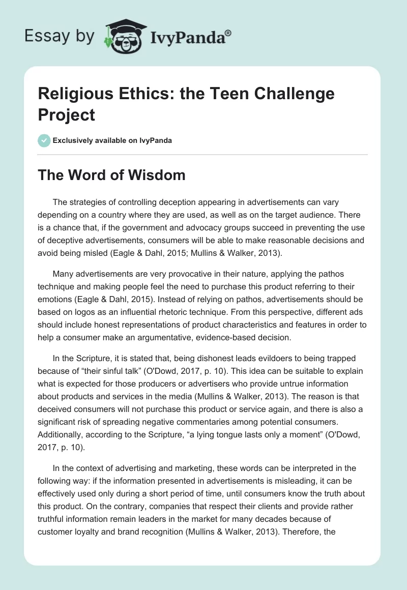 Religious Ethics: the Teen Challenge Project. Page 1