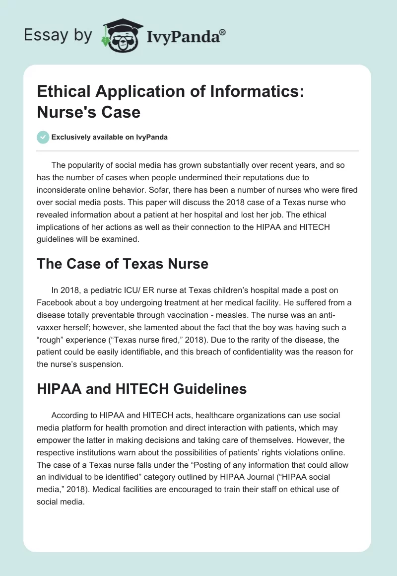 Ethical Application of Informatics: Nurse's Case. Page 1