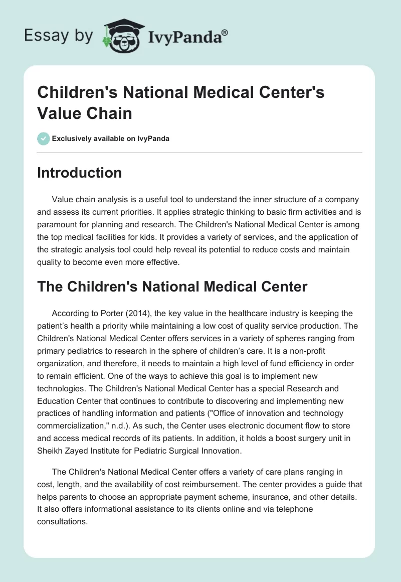 Children's National Medical Center's Value Chain. Page 1