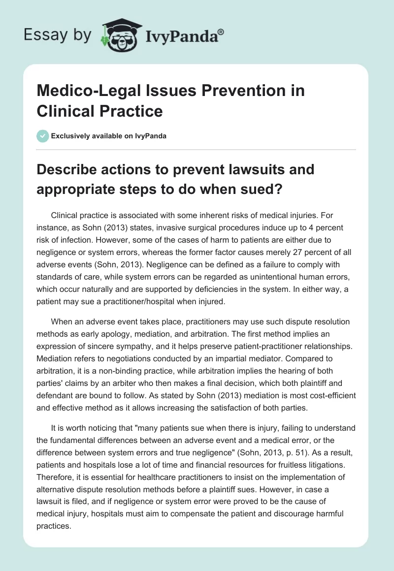 Medico-Legal Issues Prevention in Clinical Practice. Page 1