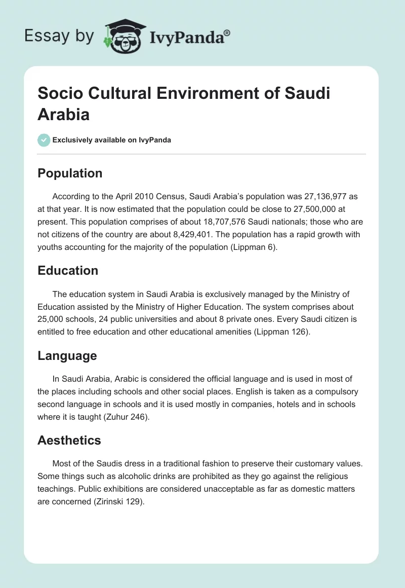 Socio Cultural Environment of Saudi Arabia. Page 1