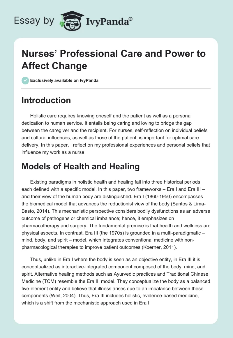Nurses’ Professional Care and Power to Affect Change. Page 1