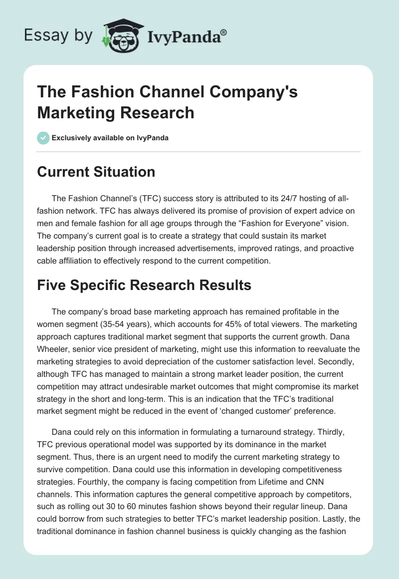 The Fashion Channel Company's Marketing Research. Page 1