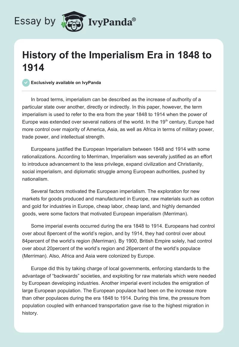 History of the Imperialism Era in 1848 to 1914. Page 1
