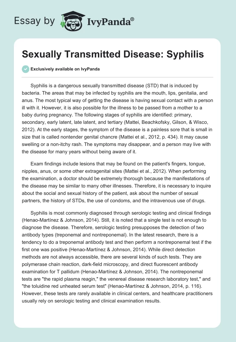 Sexually Transmitted Disease: Syphilis. Page 1