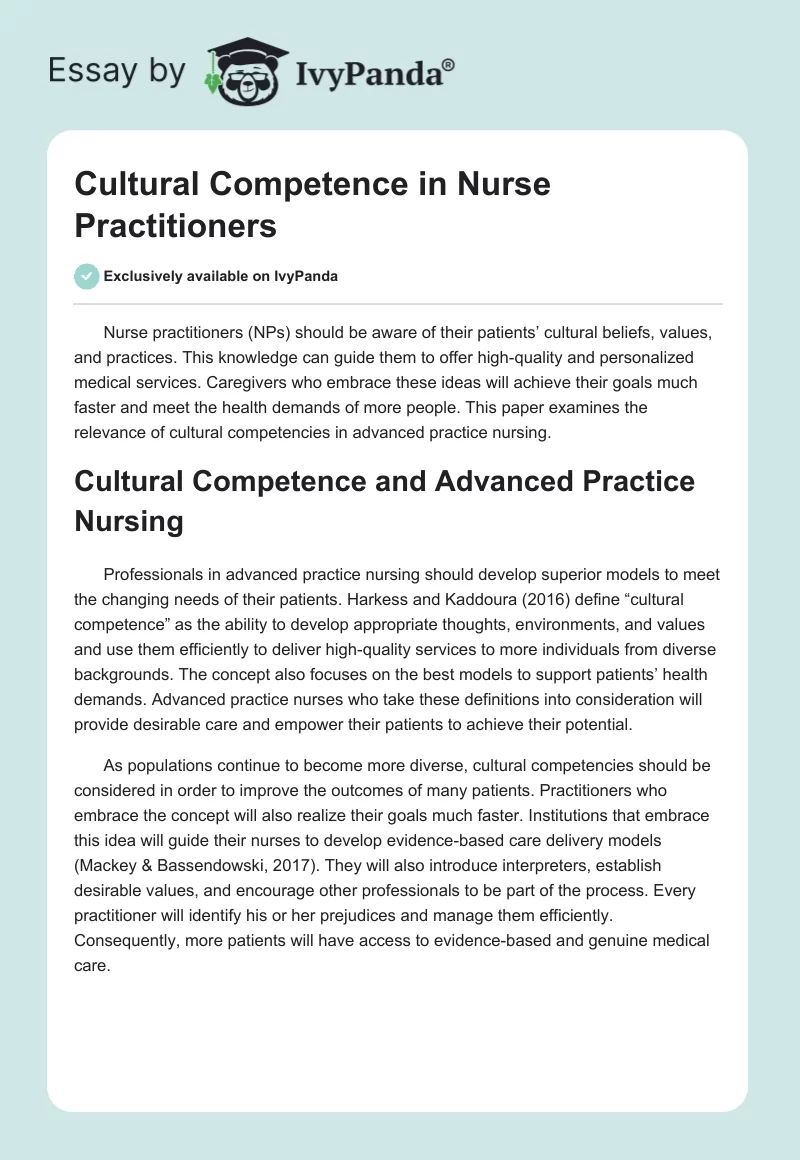 Cultural Competence in Nurse Practitioners. Page 1