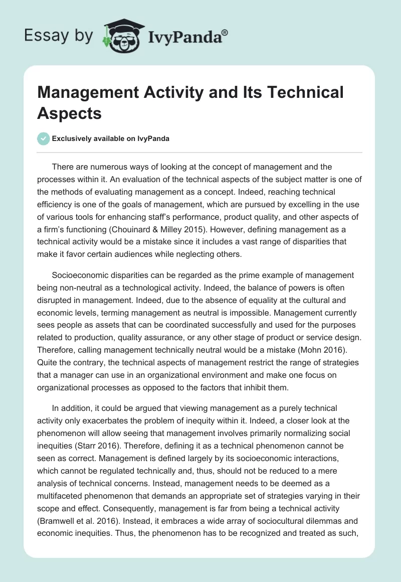 Management Activity and Its Technical Aspects. Page 1