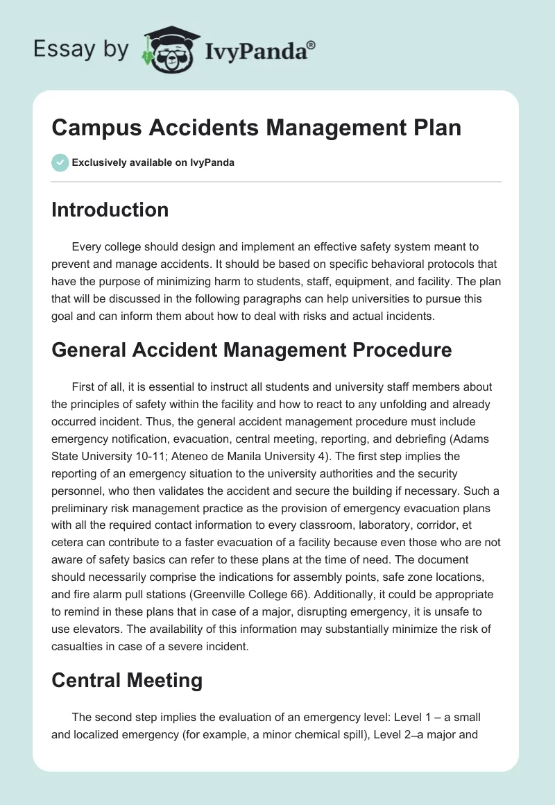Campus Accidents Management Plan. Page 1