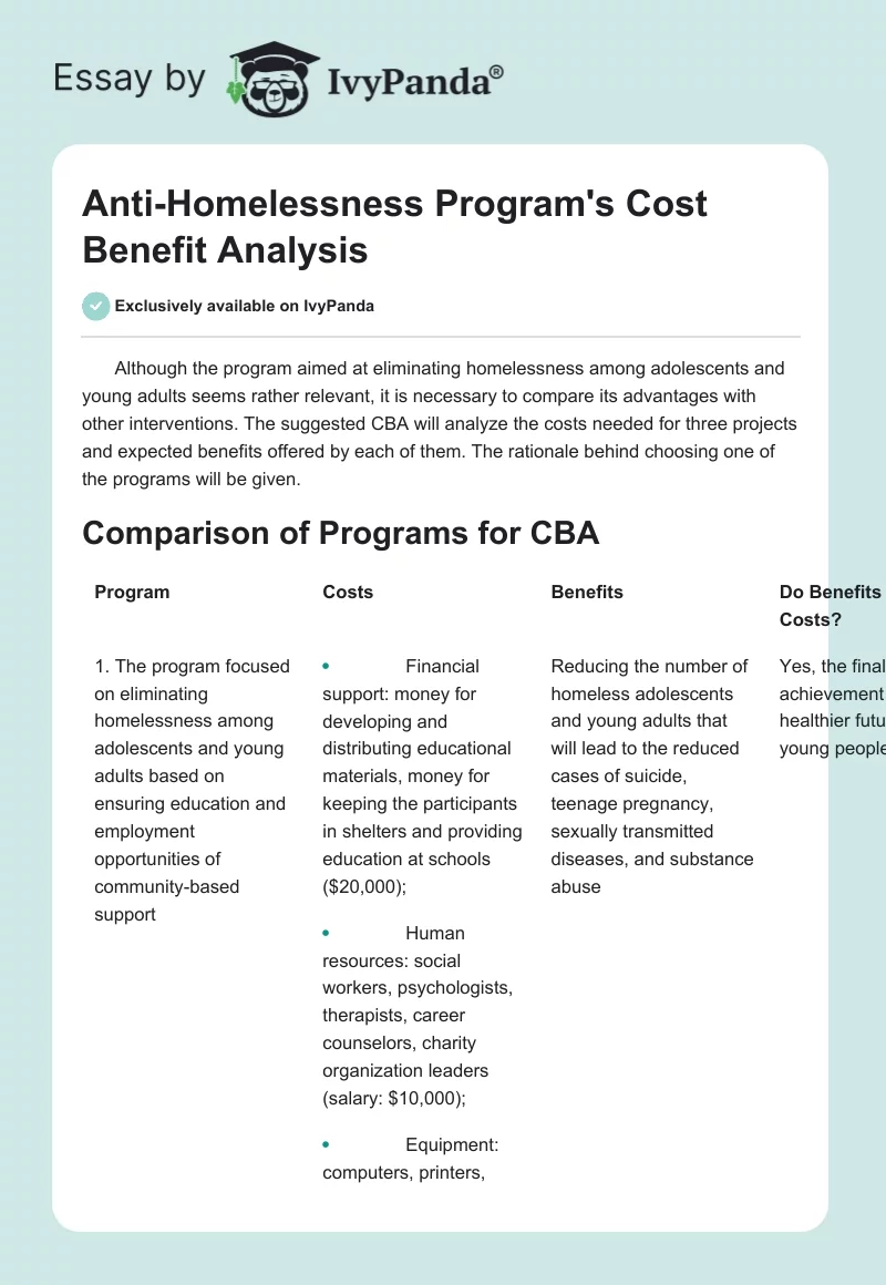 Anti-Homelessness Program's Cost Benefit Analysis. Page 1