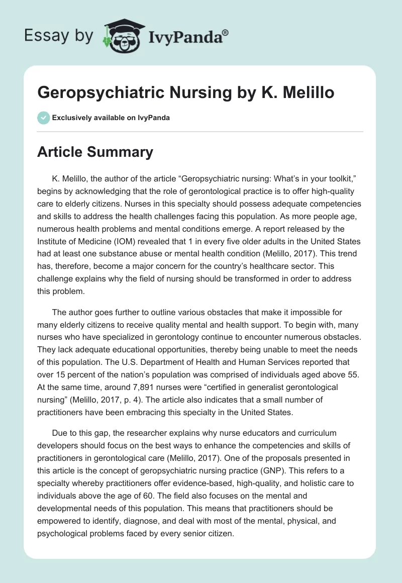"Geropsychiatric Nursing" by K. Melillo. Page 1