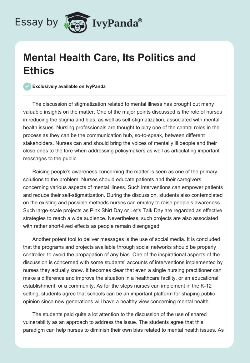 Mental Health Care, Its Politics and Ethics. Page 1