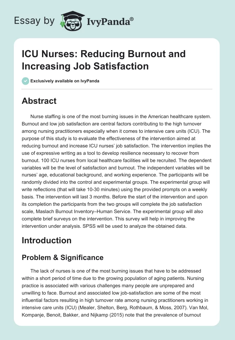 ICU Nurses: Reducing Burnout and Increasing Job Satisfaction. Page 1
