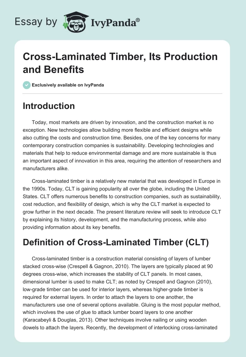 Cross-Laminated Timber, Its Production and Benefits. Page 1
