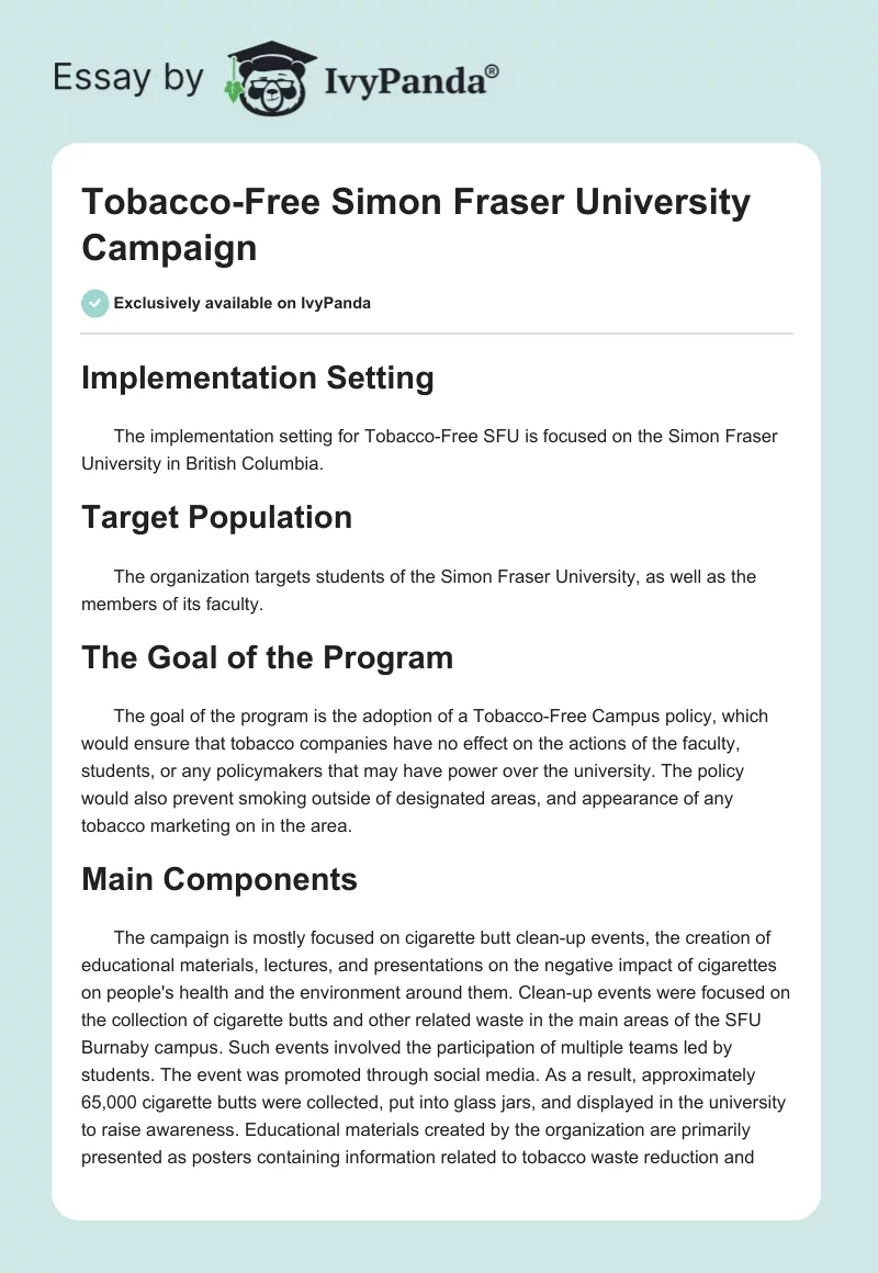 Tobacco-Free Simon Fraser University Campaign. Page 1