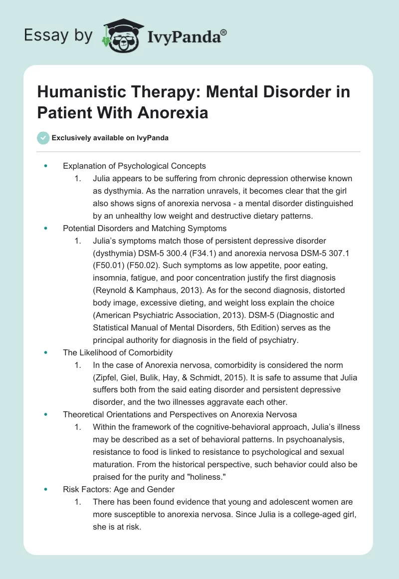 Humanistic Therapy: Mental Disorder in Patient With Anorexia. Page 1