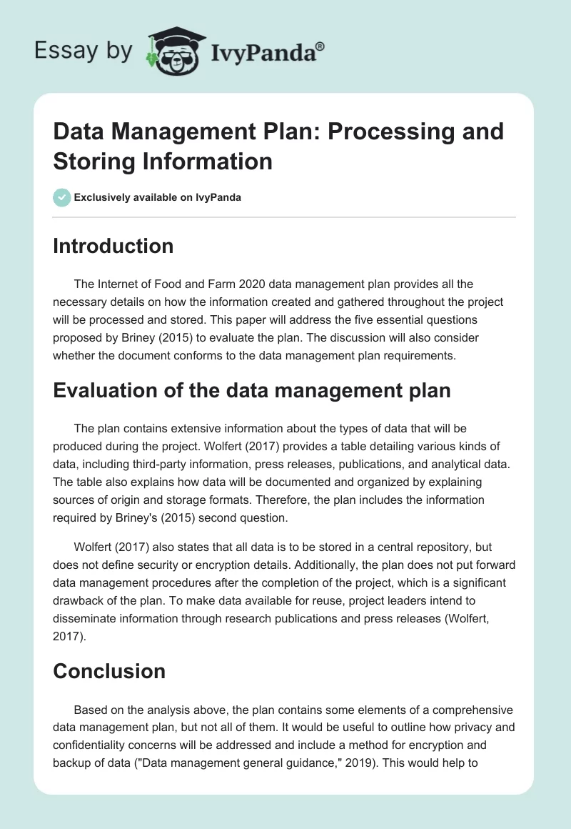 Data Management Plan: Processing and Storing Information. Page 1