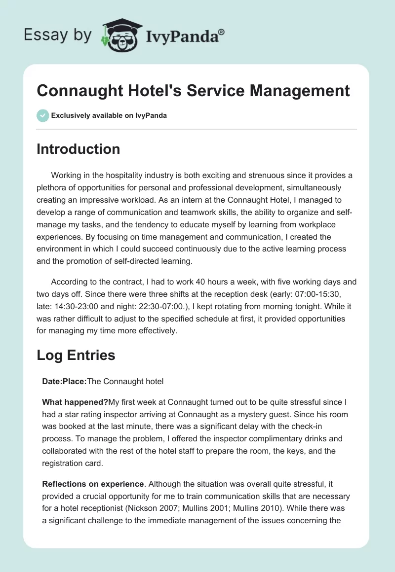 Connaught Hotel's Service Management. Page 1