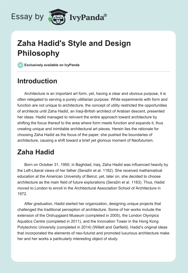 Zaha Hadid S Style And Design Philosophy 586 Words Essay Example   Zaha Hadids Style And Design Philosophy Page1.webp