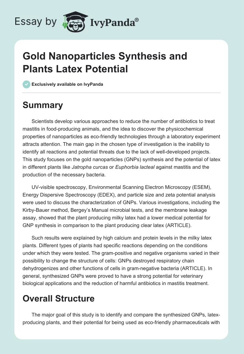 Gold Nanoparticles Synthesis and Plants Latex Potential. Page 1