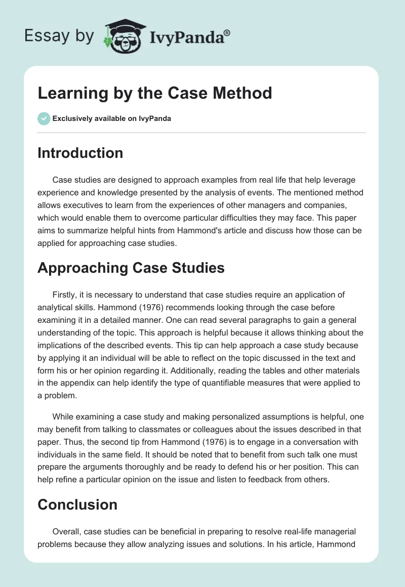 Learning by the Case Method. Page 1
