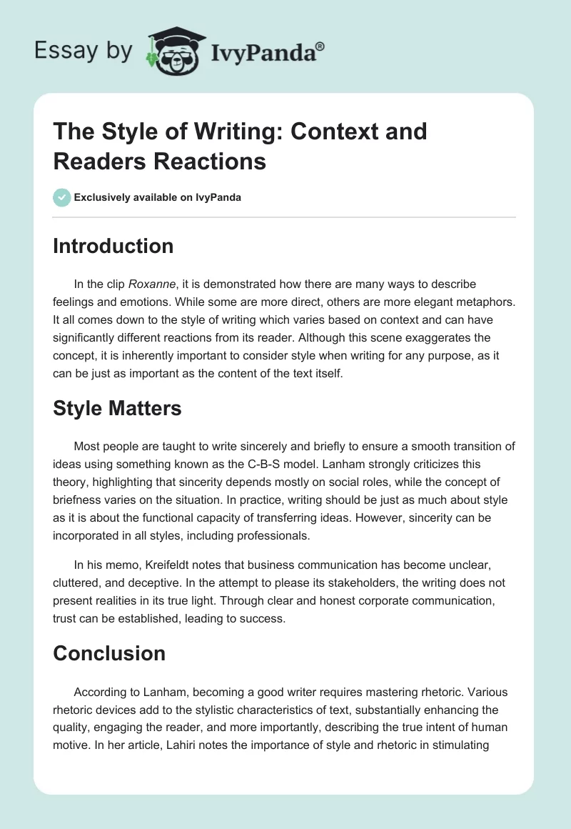 The Style of Writing: Context and Readers Reactions. Page 1